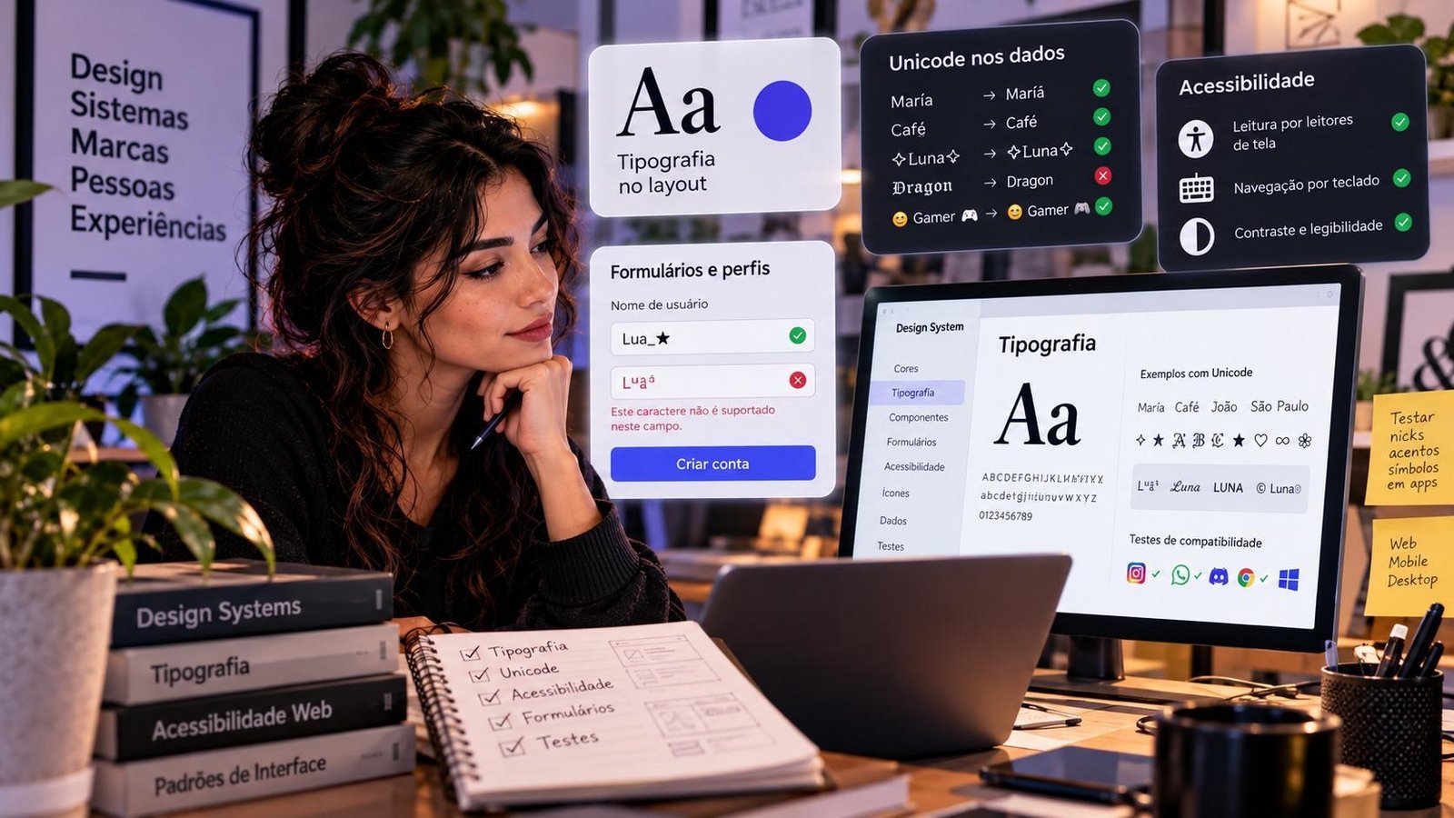 Imagem 2 — Visualização conceitual de verificações em formulários e componentes. Não representa um teste executado em um produto real. Criação digital assistida por IA.