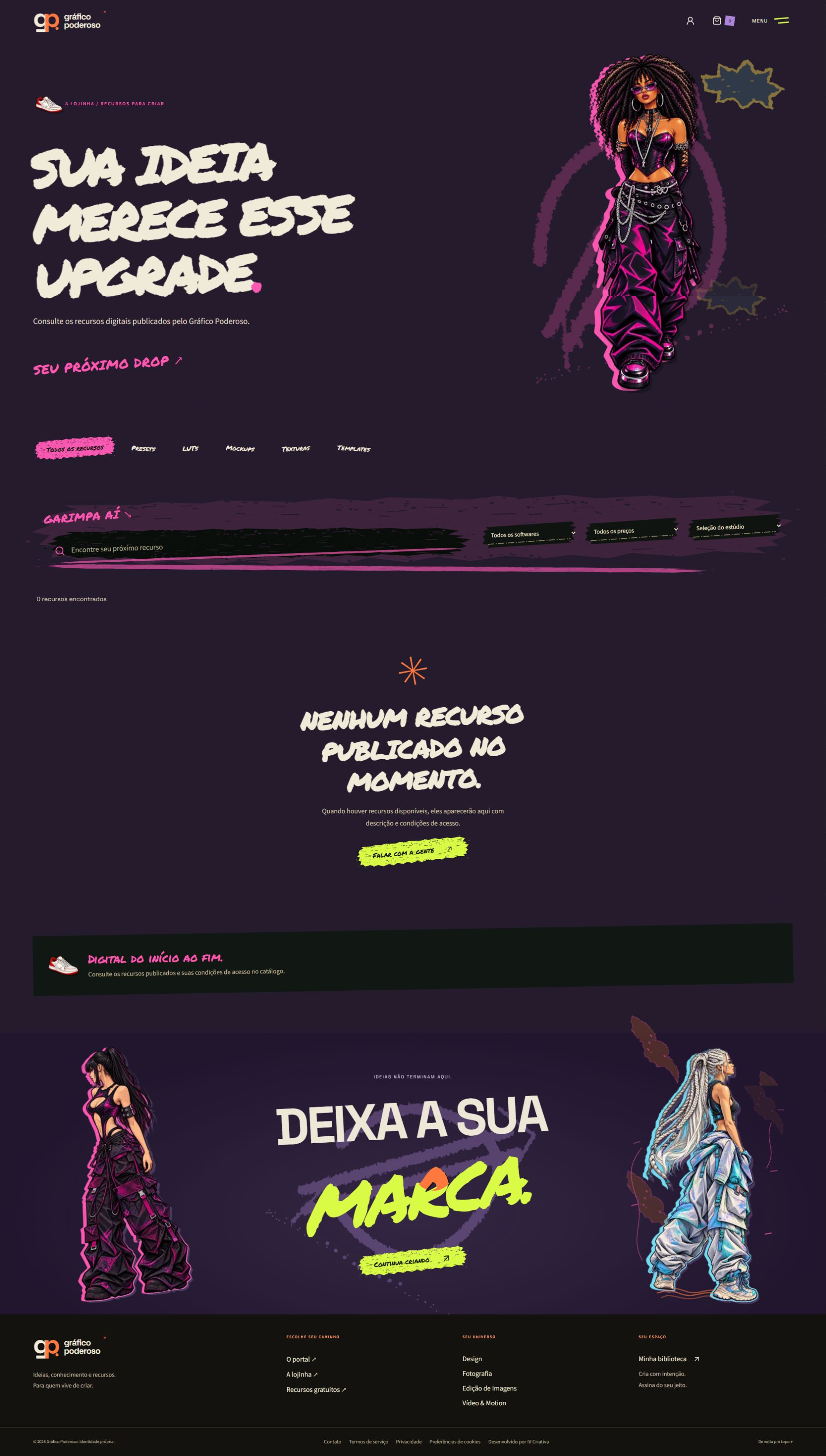 Loja: catálogo de recursos digitais com categorias, busca e filtros de seleção.
