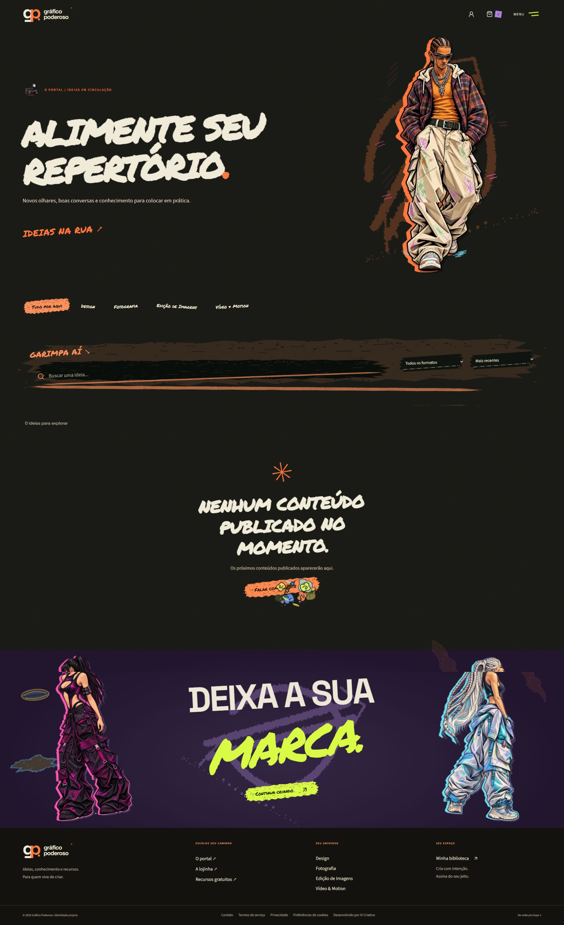 Portal criativo: conteúdo organizado por áreas de interesse, com busca e filtros para explorar o repertório.